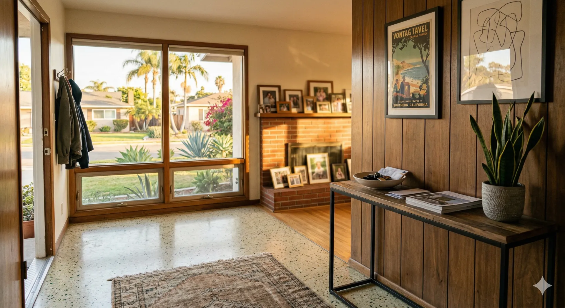 Mid-century entryway with wood paneling and family photos