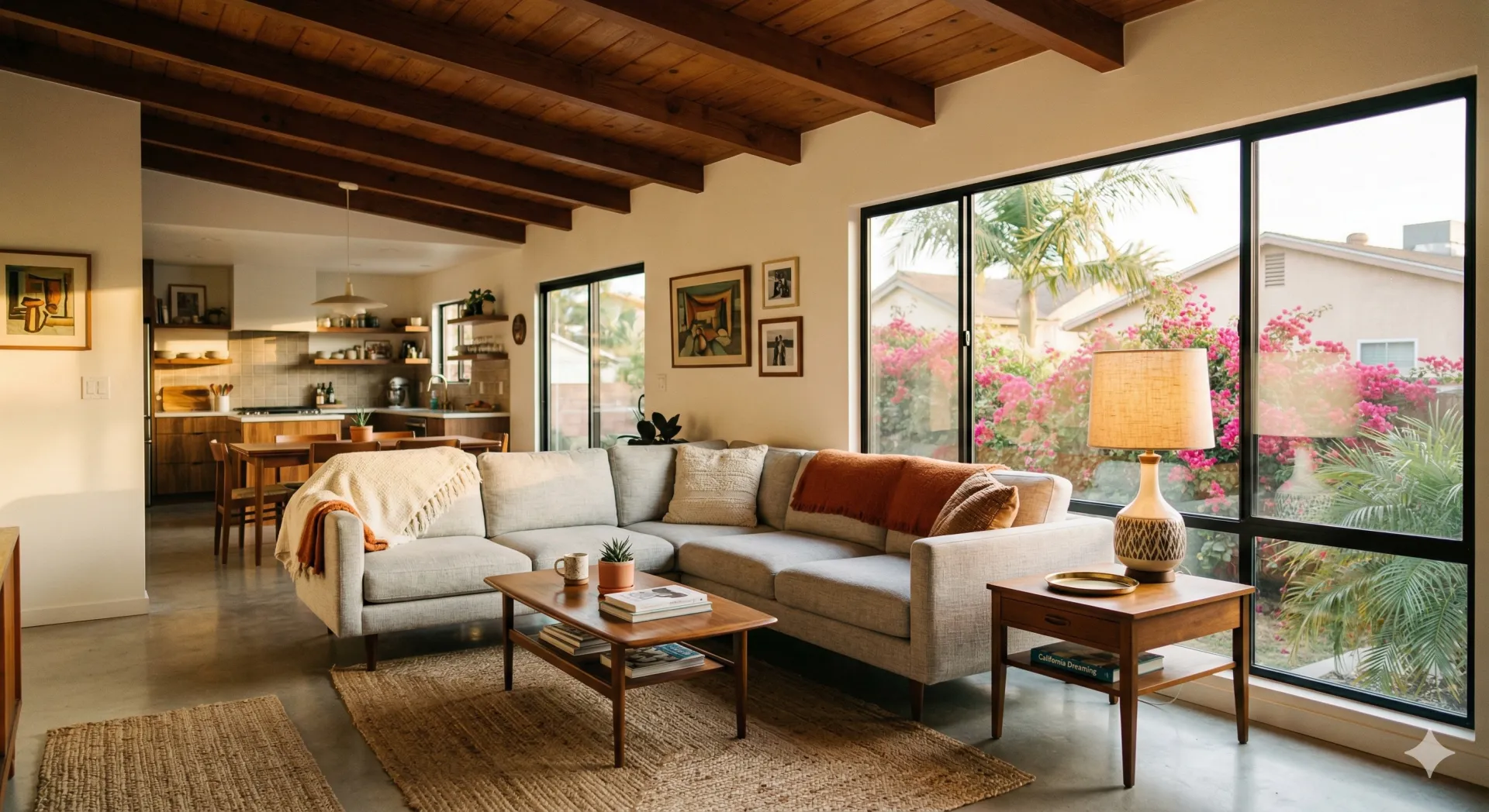 Open-plan mid-century living room with exposed beams and bougainvillea garden
