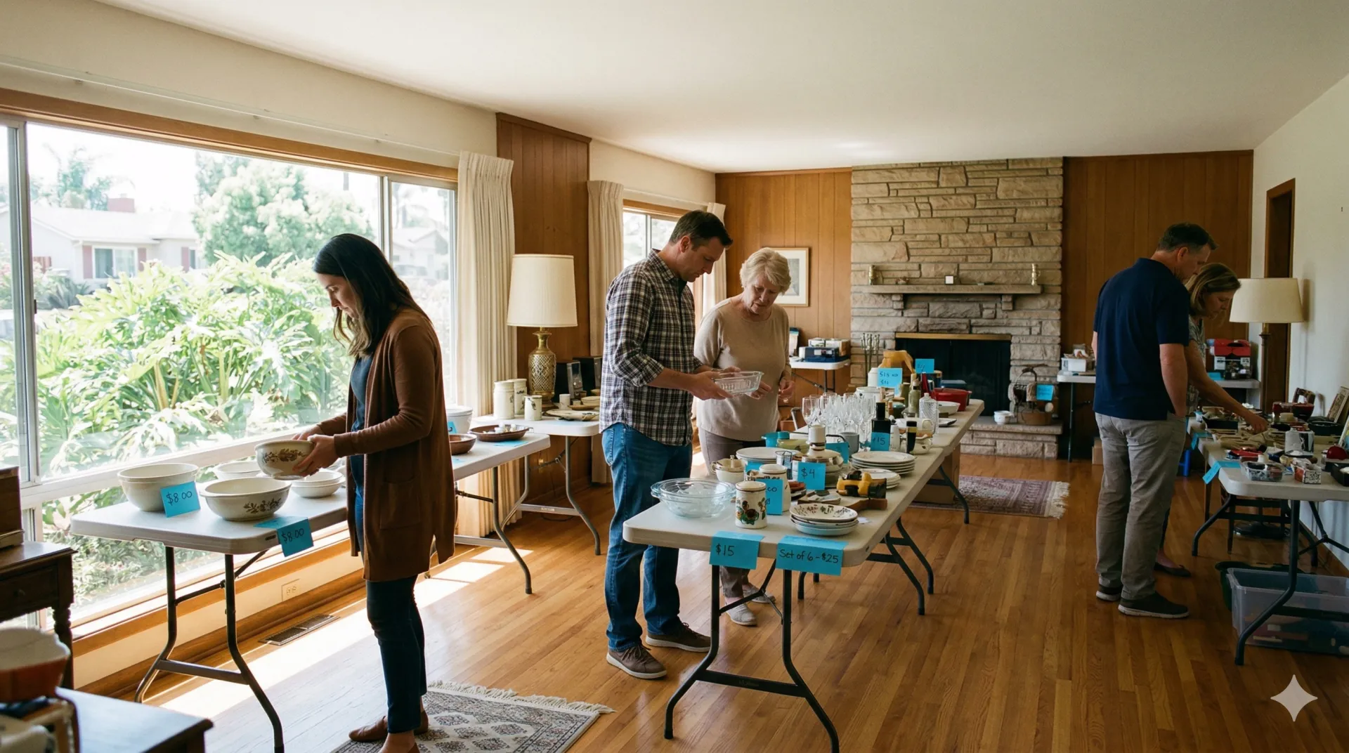 Buyers browsing estate sale tables in a sunlit mid-century living room